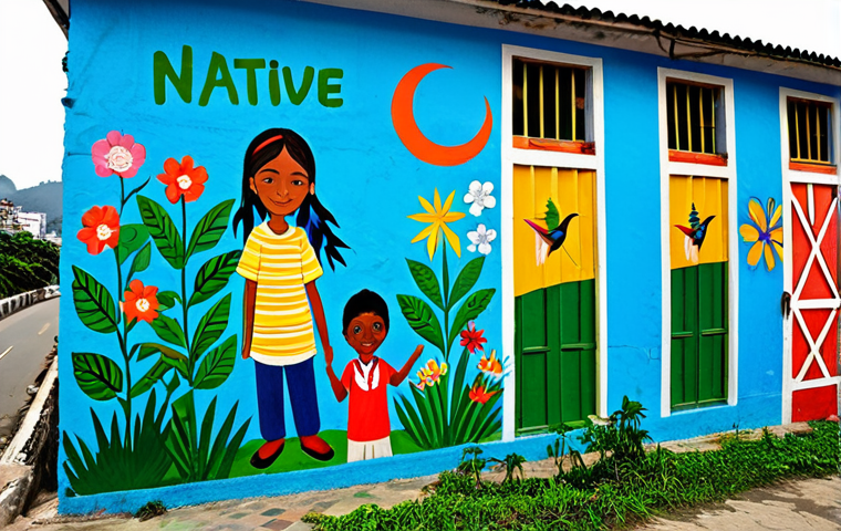 **
A vibrant mural depicting native Brazilian flora and fauna, painted on a repurposed wall in a favela in Rio de Janeiro. The mural incorporates recycled materials and features children participating in its creation. The overall scene is positive and hopeful, showcasing community involvement and environmental consciousness through art. Include the words "Natureza Viva" (Living Nature) in the mural. Fully clothed, appropriate attire, safe for work, perfect anatomy, natural proportions, family-friendly. Professional photography, high quality.
**
