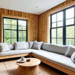 Natural Materials & Sustainable Interior**

"A bright and airy living room showcasing natural materials: bamboo wall paneling, a reclaimed wood coffee table, and cork flooring. Large windows provide ample natural light. A fully clothed person is relaxing on a sofa with linen cushions. Safe for work, appropriate content, fully clothed, professional interior design photography, perfect anatomy, natural proportions, family-friendly, high quality."

**