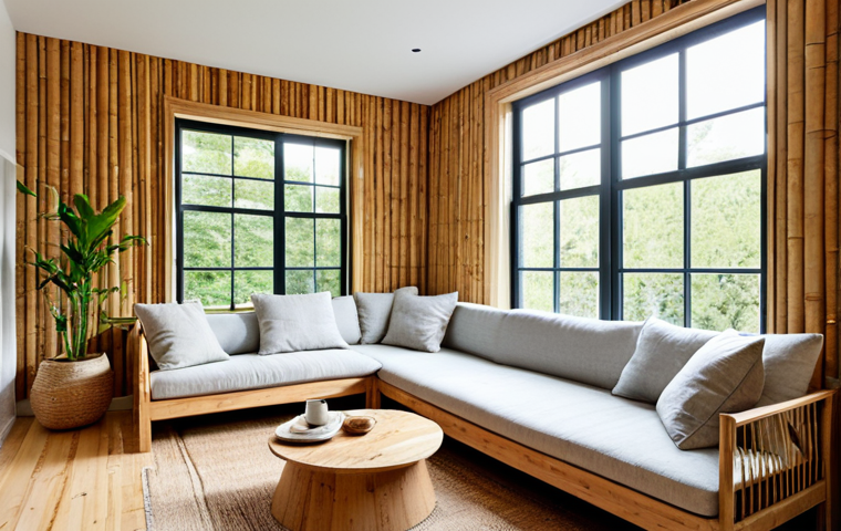 Natural Materials & Sustainable Interior**
"A bright and airy living room showcasing natural materials: bamboo wall paneling, a reclaimed wood coffee table, and cork flooring. Large windows provide ample natural light. A fully clothed person is relaxing on a sofa with linen cushions. Safe for work, appropriate content, fully clothed, professional interior design photography, perfect anatomy, natural proportions, family-friendly, high quality."
**