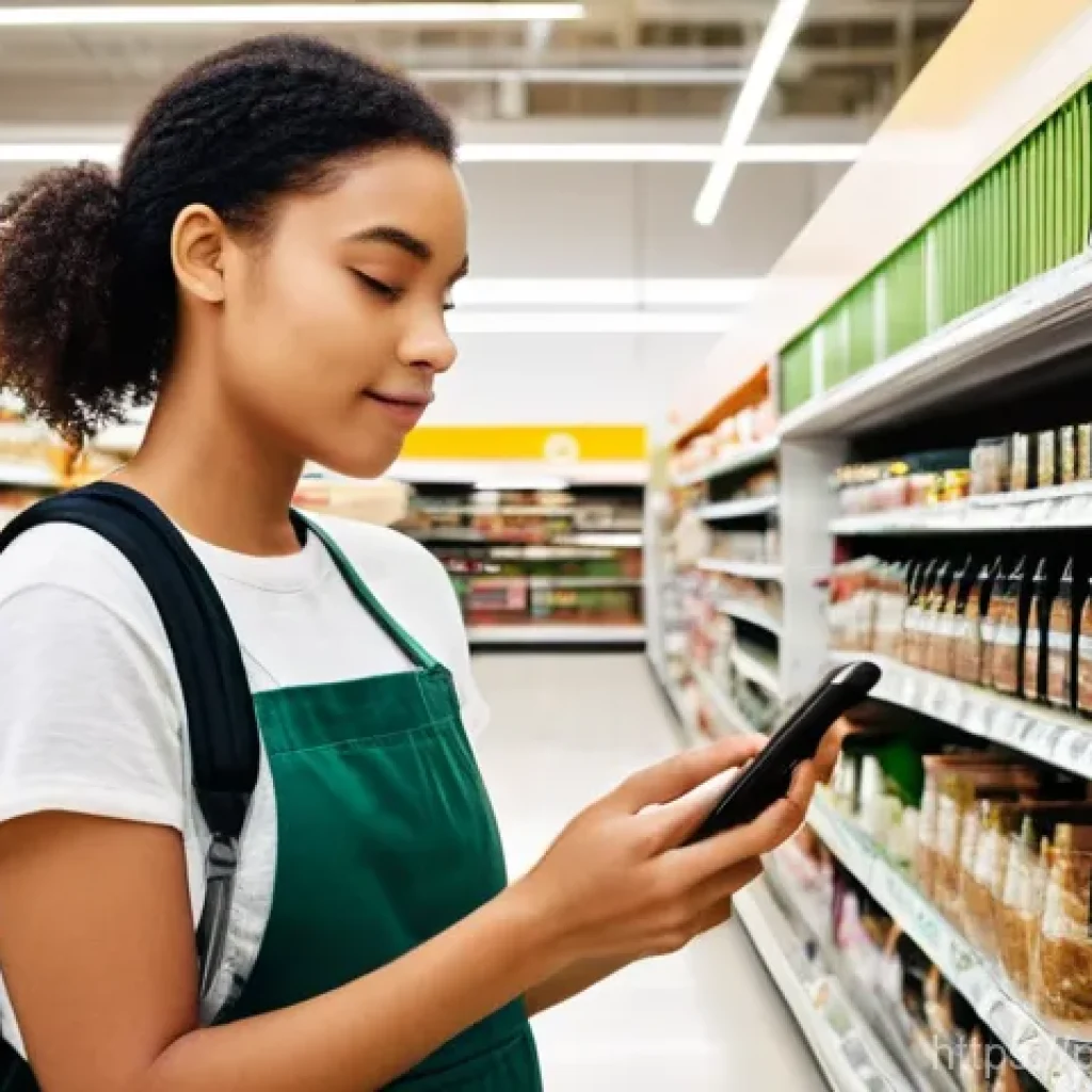 에코크리에이션의 윤리적 고려사항 - **Conscious Consumer in a Supermarket Aisle:** A young adult, dressed in casual and modest clothing,...
