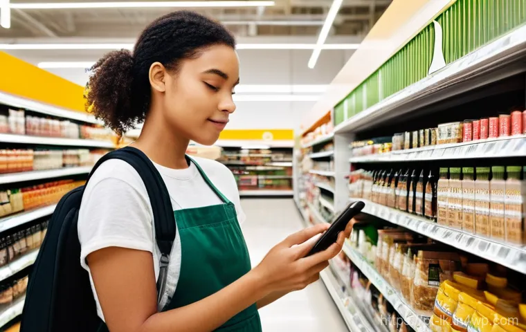 에코크리에이션의 윤리적 고려사항 - **Conscious Consumer in a Supermarket Aisle:** A young adult, dressed in casual and modest clothing,...
