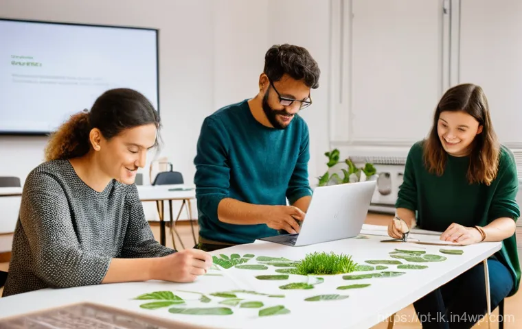 에코크리에이션을 위한 세미나 및 컨퍼런스 - **Prompt:** A diverse group of innovators from Portugal and Brazil, aged 25-50, are engaged in a dyn...