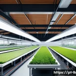 Home 21 에코크리에이션의 트렌드 및 전망 - A modern sustainable clothing factory interior powered by solar panels visible through large windows...
