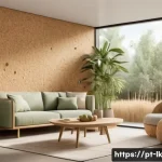 Home 18 에코크리에이션을 통한 지속 가능한 디자인 - A modern sustainable living room interior featuring furniture made from bamboo and cork materials, s...