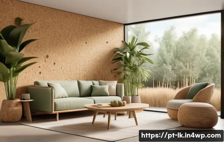 에코크리에이션을 통한 지속 가능한 디자인 - A modern sustainable living room interior featuring furniture made from bamboo and cork materials, s...